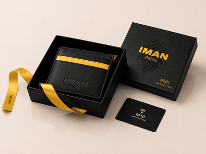 Porte-cartes RFID IMAN PARIS en cuir synthétique noir mat avec protection RFID et bande jaune iconique