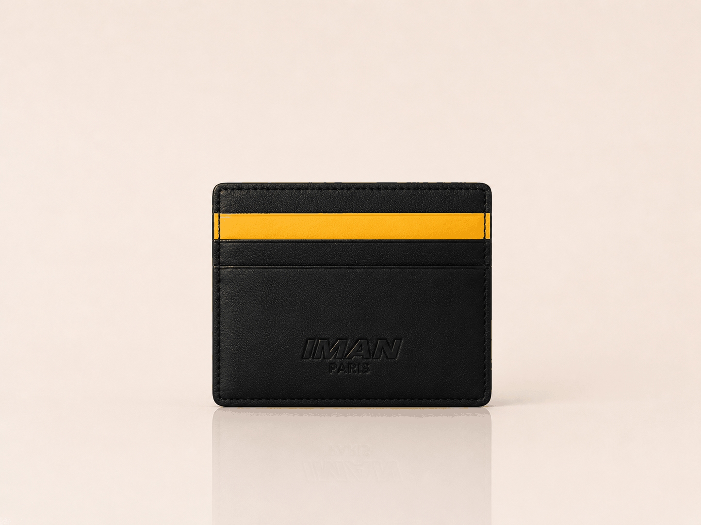 Porte-cartes RFID IMAN PARIS en cuir synthétique noir mat avec protection RFID et bande jaune iconique