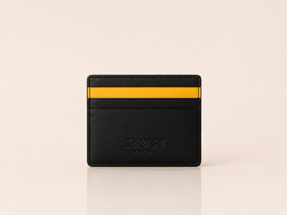 Porte-cartes RFID IMAN PARIS en cuir synthétique noir mat avec protection RFID et bande jaune iconique
