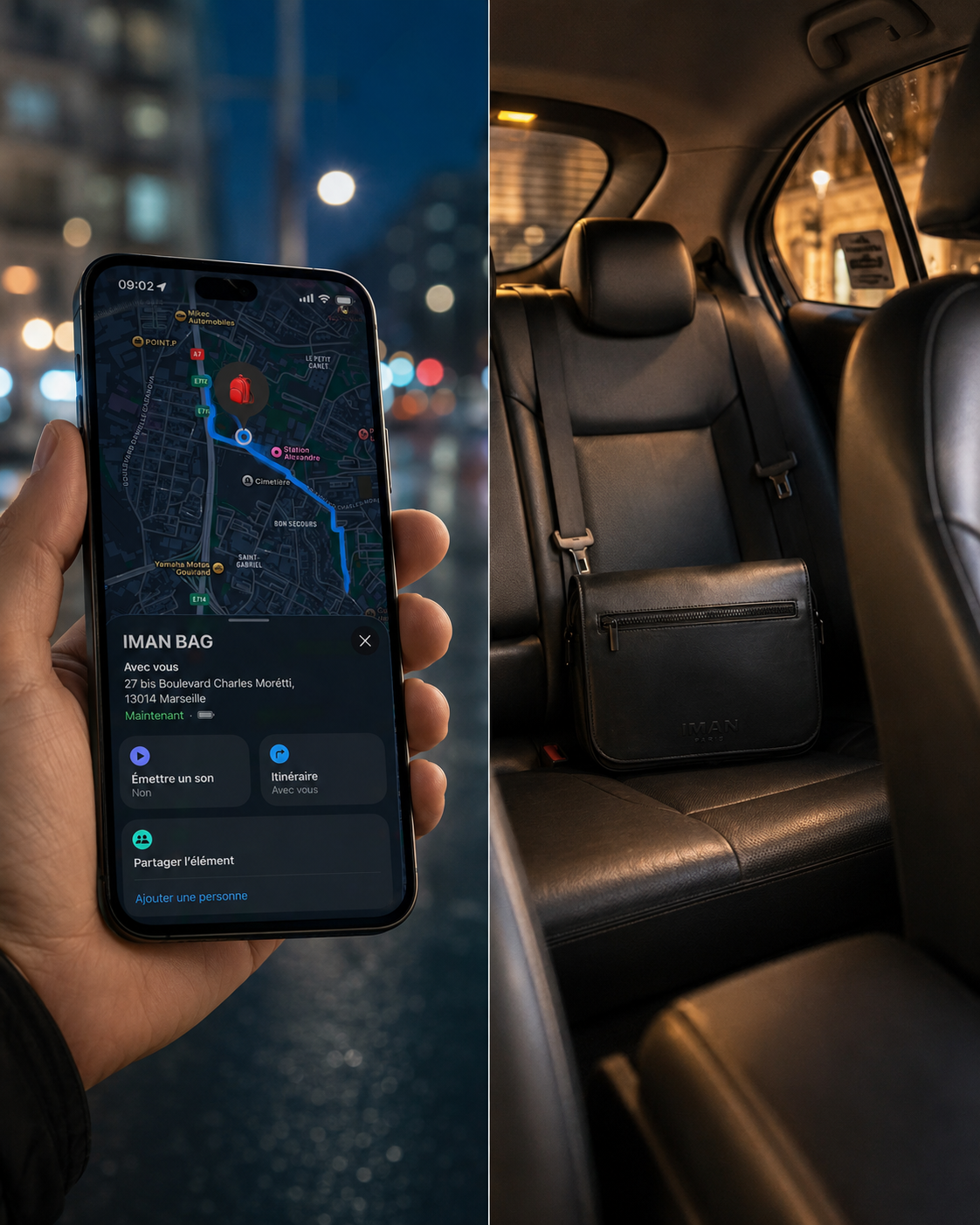 Sacoche avec GPS IMAN PARIS — géolocalisation depuis le smartphone