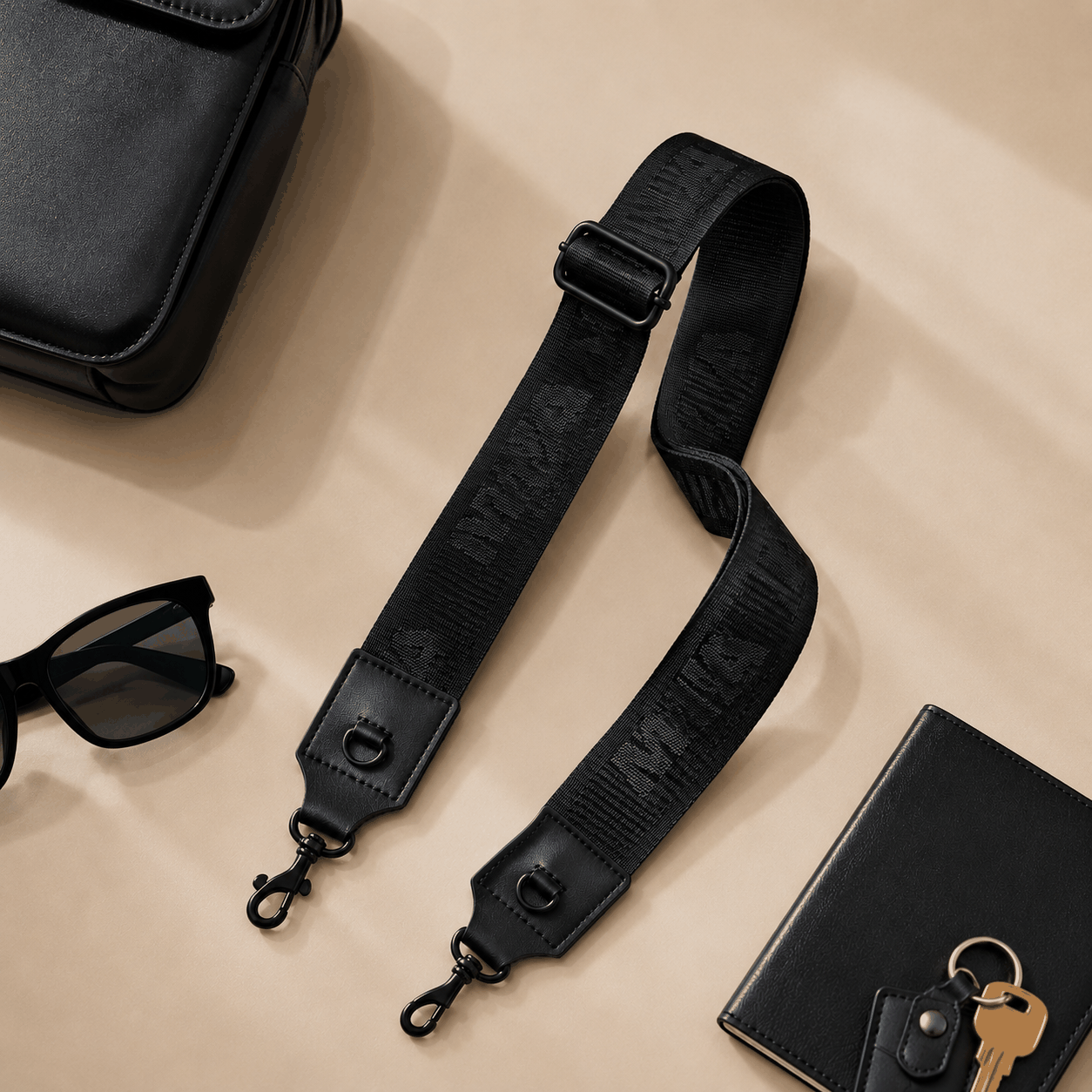 Bandoulière Signature noire jacquard réglable avec logo IMAN PARIS ton sur ton et finitions en PU noir