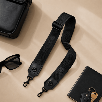 Bandoulière Signature noire jacquard réglable avec logo IMAN PARIS ton sur ton et finitions en PU noir